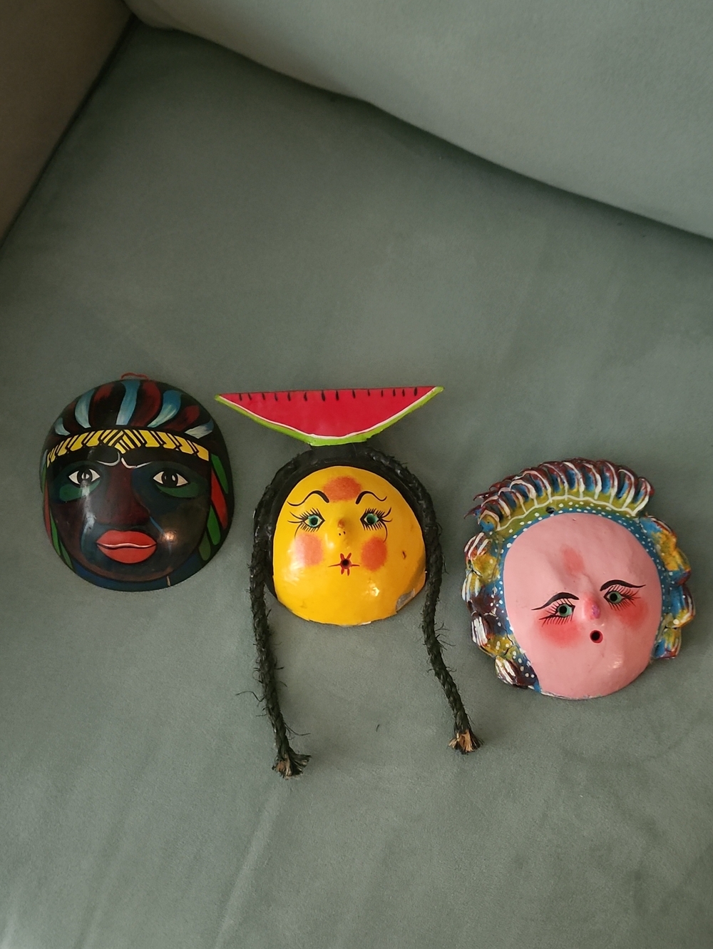 Mexican Folk Art Colorful Ceramic Face Wall Mask Trio - Yellow, Pink, Multicolor